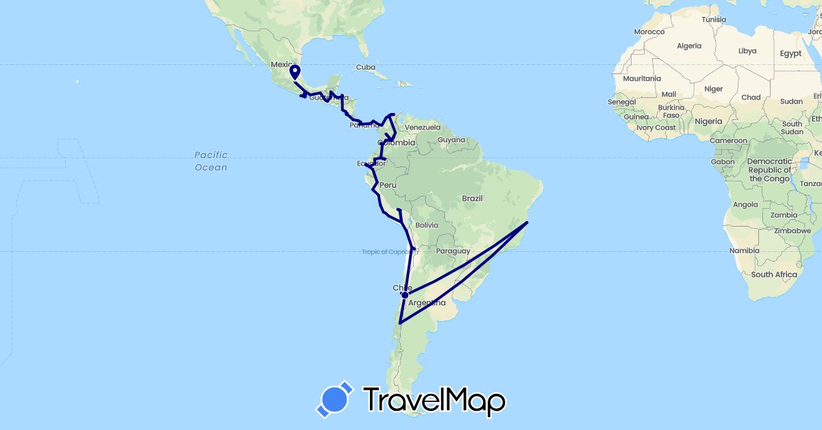 TravelMap itinerary: driving in Brazil, Chile, Colombia, Costa Rica, Ecuador, Guatemala, Honduras, Mexico, Nicaragua, Panama, Peru (North America, South America)